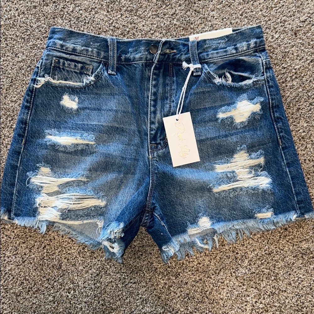 Pink Lily Blue Distressed Denim Cut-Offs